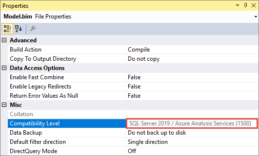 Cuplikan layar jendela Properti dengan opsi Tingkat Kompatibilitas disorot dan pengaturan SQL Server 2019 / Azure Analysis Services (1500) dipanggil.