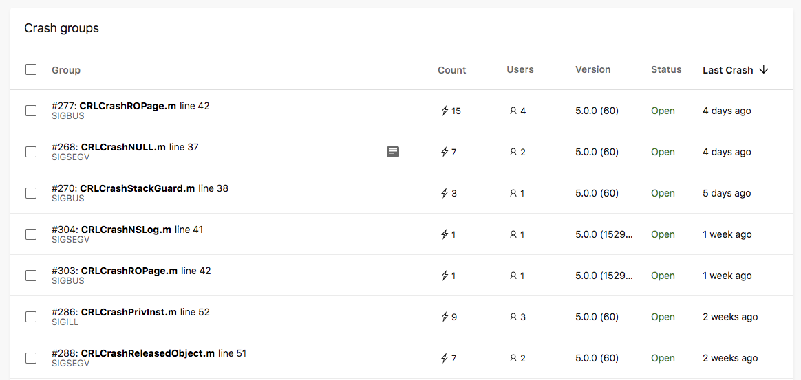 App Center mengelompokkan crash dan kesalahan berdasarkan kesamaan