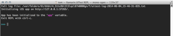Cuplikan layar terminal macOS yang menjalankan Xamarin.UITest REPL
