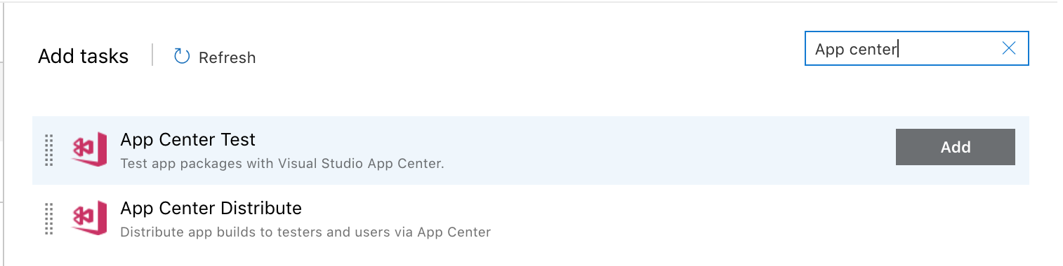 Layar pencarian Azure Pipelines untuk Pengujian App Center