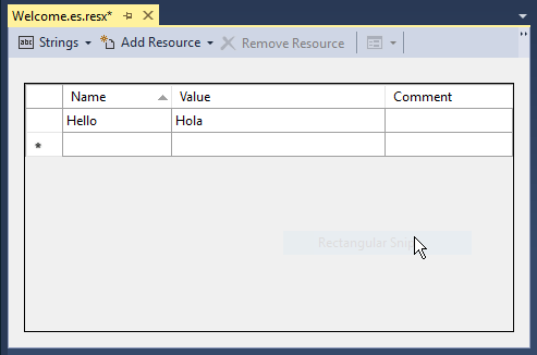 File Welcome.es.resx (file sumber daya Selamat Datang untuk Spanyol) dengan kata Halo di kolom Nama dan kata Hola (Halo dalam bahasa Spanyol) di kolom Nilai