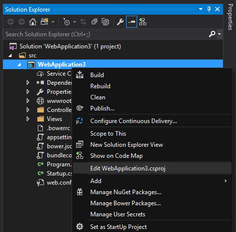 Opsi menu konteks untuk mengedit CSPROJ di Visual Studio 2017