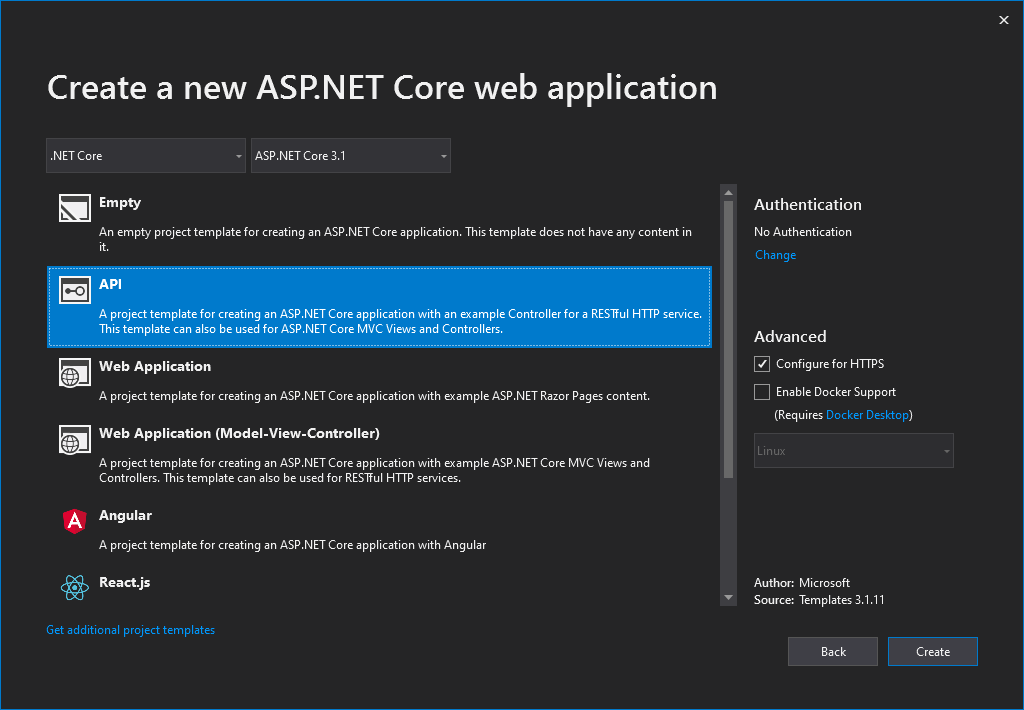 Dialog Aplikasi Web ASP.NET baru dengan templat proyek API Web dipilih