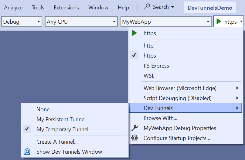 Dropdown debug memperlihatkan terowongan aktif di flyout Dev Tunnels.