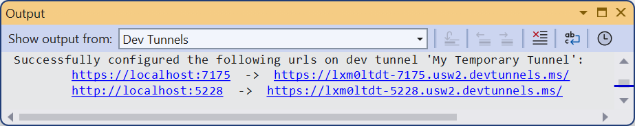 Jendela output Dev Tunnels.