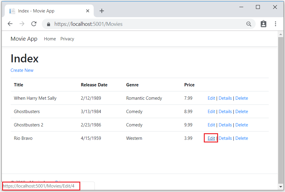 Jendela browser dengan mouse di atas tautan Edit dan Url https://localhost:5001/Movies/Edit/5 tautan ditampilkan