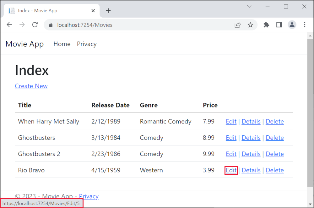 Jendela browser dengan mouse di atas tautan Edit dan Url https://localhost:5001/Movies/Edit/5 tautan ditampilkan