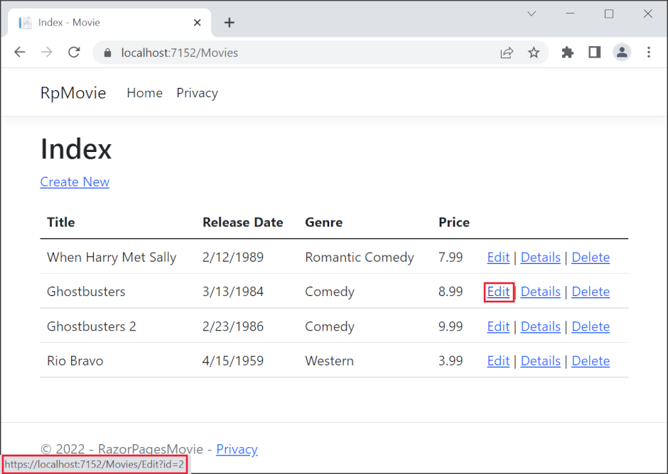 Jendela browser dengan mouse di atas tautan Edit dan Url https://localhost:1234/Movies/Edit/5 tautan ditampilkan
