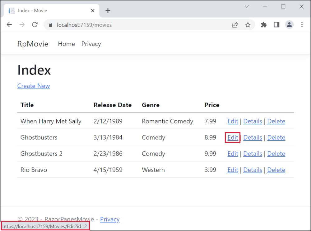 Jendela browser dengan mouse di atas tautan Edit dan Url https://localhost:1234/Movies/Edit/5 tautan ditampilkan