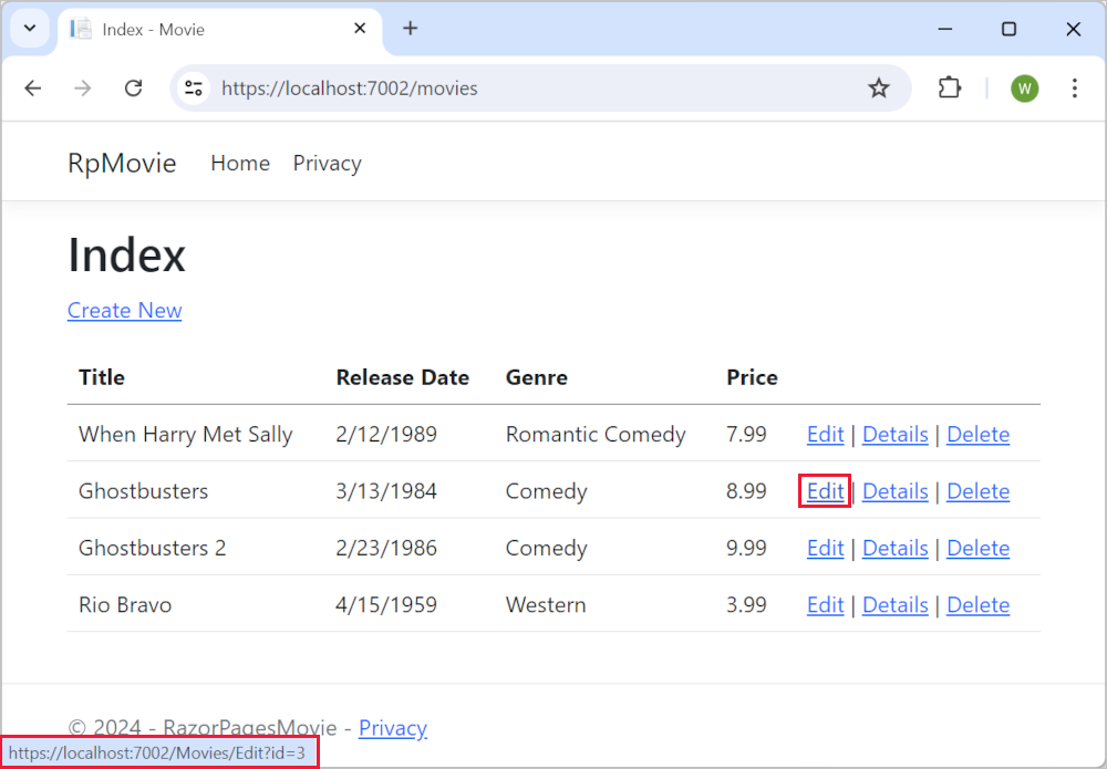 Jendela browser dengan mouse di atas tautan Edit dan Url https://localhost:1234/Movies/Edit/5 tautan ditampilkan