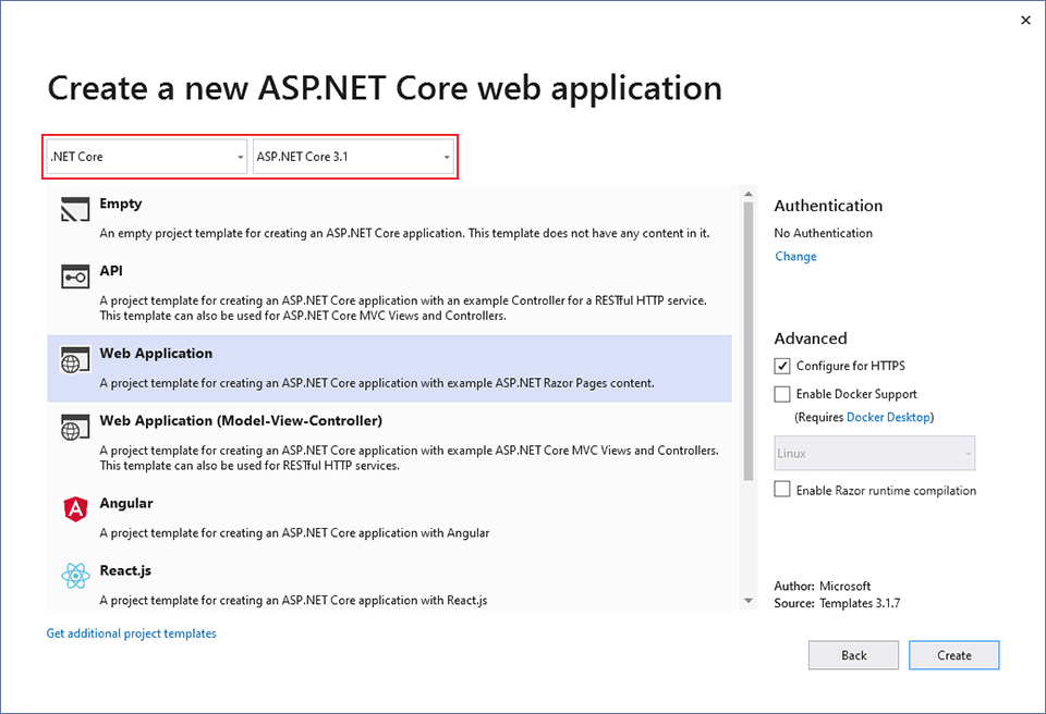 Pilih Aplikasi Web ASP.NET Core