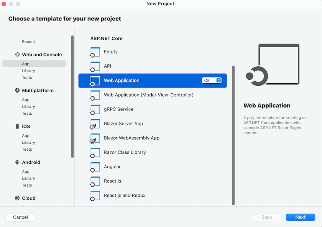 Pilihan templat aplikasi web macOS