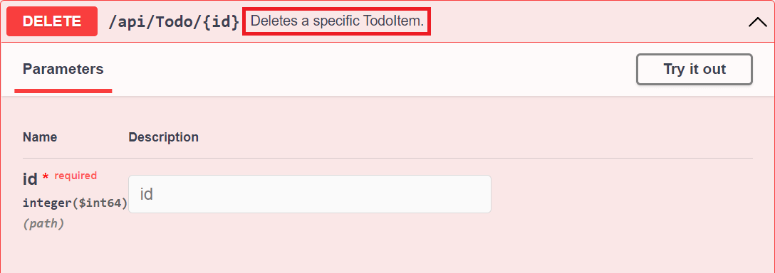 UI Swagger memperlihatkan komentar XML 'Menghapus TodoItem tertentu.' untuk metode DELETE.