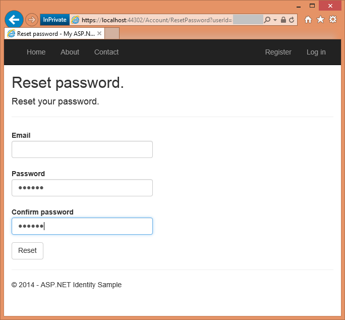 Gambar memperlihatkan jendela reset kata sandi pengguna