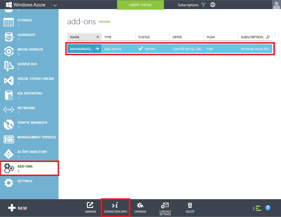 Cuplikan layar portal manajemen dengan tab Tambahkan Aktif, item database Identifikasi S Q L Saya, dan tombol Info Koneksi disorot dengan warna merah.