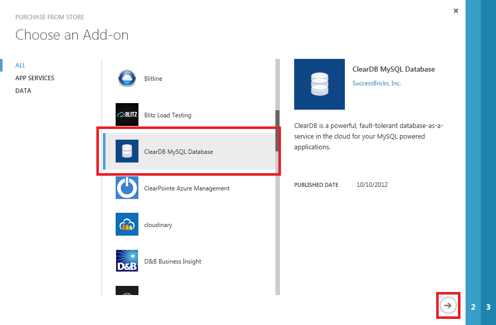 Cuplikan layar wizard Pilih Add-on, dengan Hapus D B Database My S Q L disorot dengan persegi panjang merah.