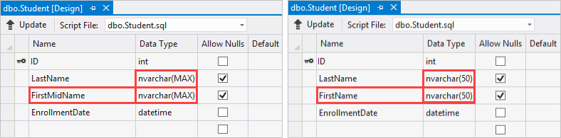 Dua cuplikan layar yang memperlihatkan perbedaan dalam Nama dan Jenis Data dari dua tabel Siswa.