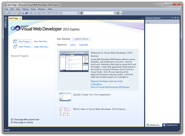 Cuplikan layar jendela Microsoft Visual Web Developer 2010 Express, yang memperlihatkan Halaman Mulai.