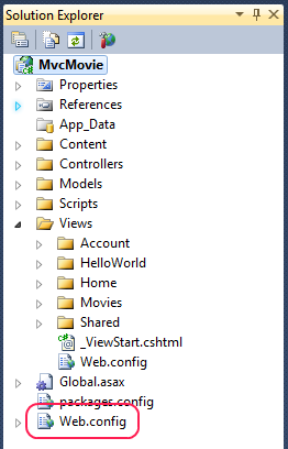 Cuplikan layar yang memperlihatkan jendela Penjelajah Solusi. Konfigurasi titik web dilingkari dengan warna merah.