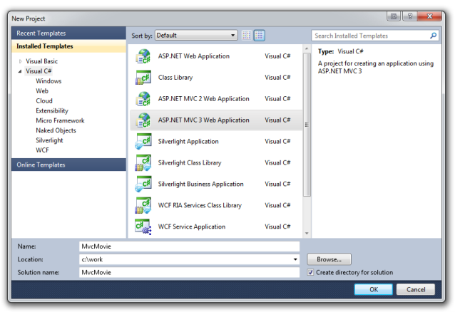 Cuplikan layar Proyek Baru untuk membuat aplikasi pertama Anda menggunakan Visual Basic atau Visual C Sharp sebagai bahasa pemrograman.