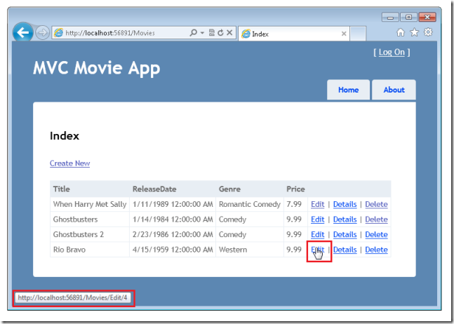 Cuplikan layar memperlihatkan MVC Move App dengan tautan Edit untuk salah satu film yang dipilih.