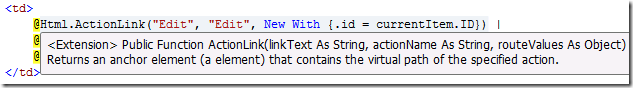 Cuplikan layar memperlihatkan Html.ActionLink di editor kode.