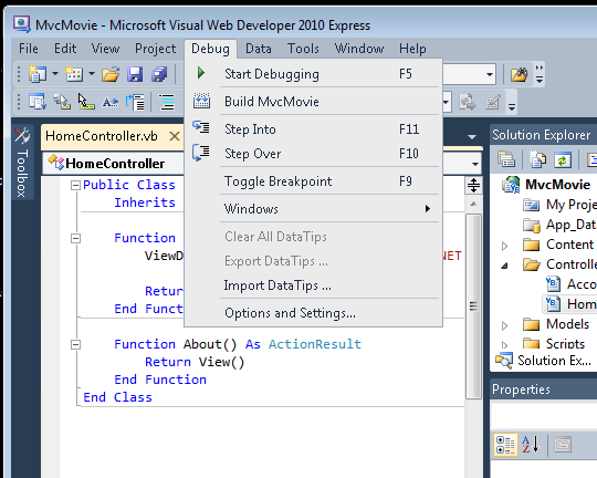 Cuplikan layar yang memperlihatkan menu drop-down Debug.