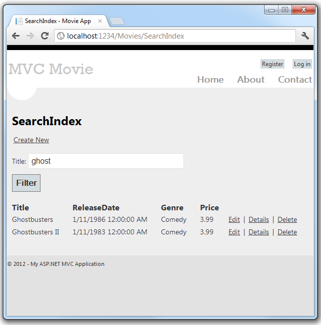 Cuplikan layar menjalankan aplikasi dan mencoba mencari film.