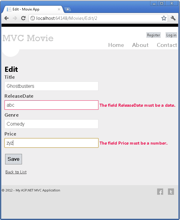 Cuplikan layar yang memperlihatkan halaman Edit aplikasi M V C Movie. Dua bidang teks, Tanggal Rilis dan Harga, disorot, meminta pengguna untuk memasukkan nilai yang benar.