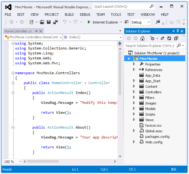 Cuplikan layar yang memperlihatkan tab A S P dot NET M V C Project Home Controller cs dan Penjelajah Solusi yang terbuka.