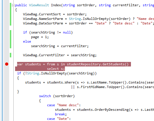 Cuplikan layar kode yang menunjukkan repositori siswa baru yang diimplementasikan dan disorot.