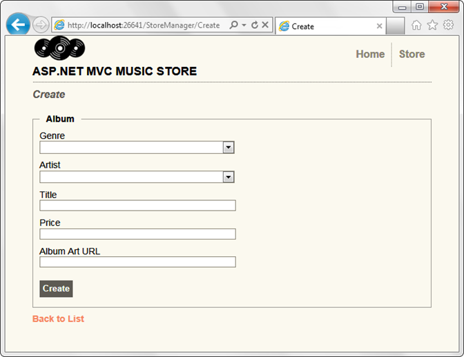Cuplikan layar formulir Buat memperlihatkan menu dropdown Genre dan Artis serta bidang Judul, Harga, dan Album Art U R L.
