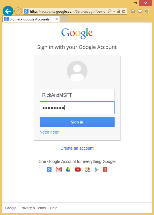 Cuplikan layar yang menampilkan halaman masuk Akun Google. Info masuk sampel dimasukkan di bidang teks.