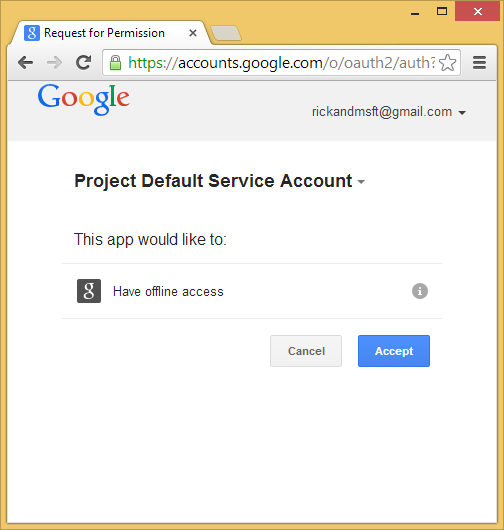 Cuplikan layar yang menampilkan halaman Permintaan Izin Akun Google, meminta pengguna untuk membatalkan atau menerima akses offline ke aplikasi web.