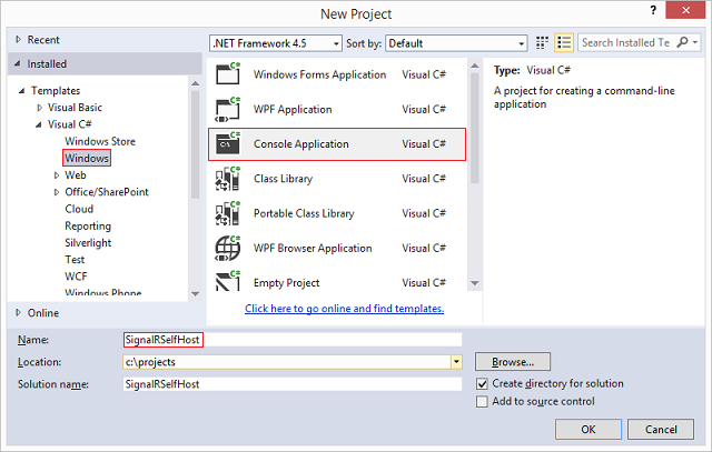 Cuplikan layar Proyek Baru dengan opsi Windows, templat Aplikasi Konsol, dan bidang Nama sedang disorot.