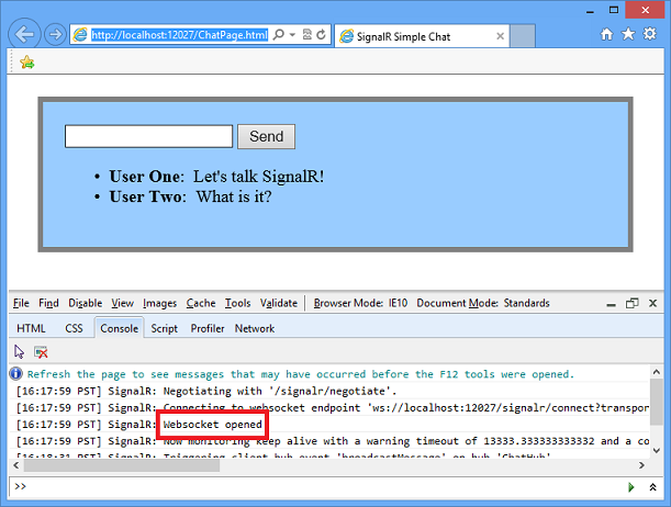 Konsol di Internet Explorer memperlihatkan transportasi WebSocket