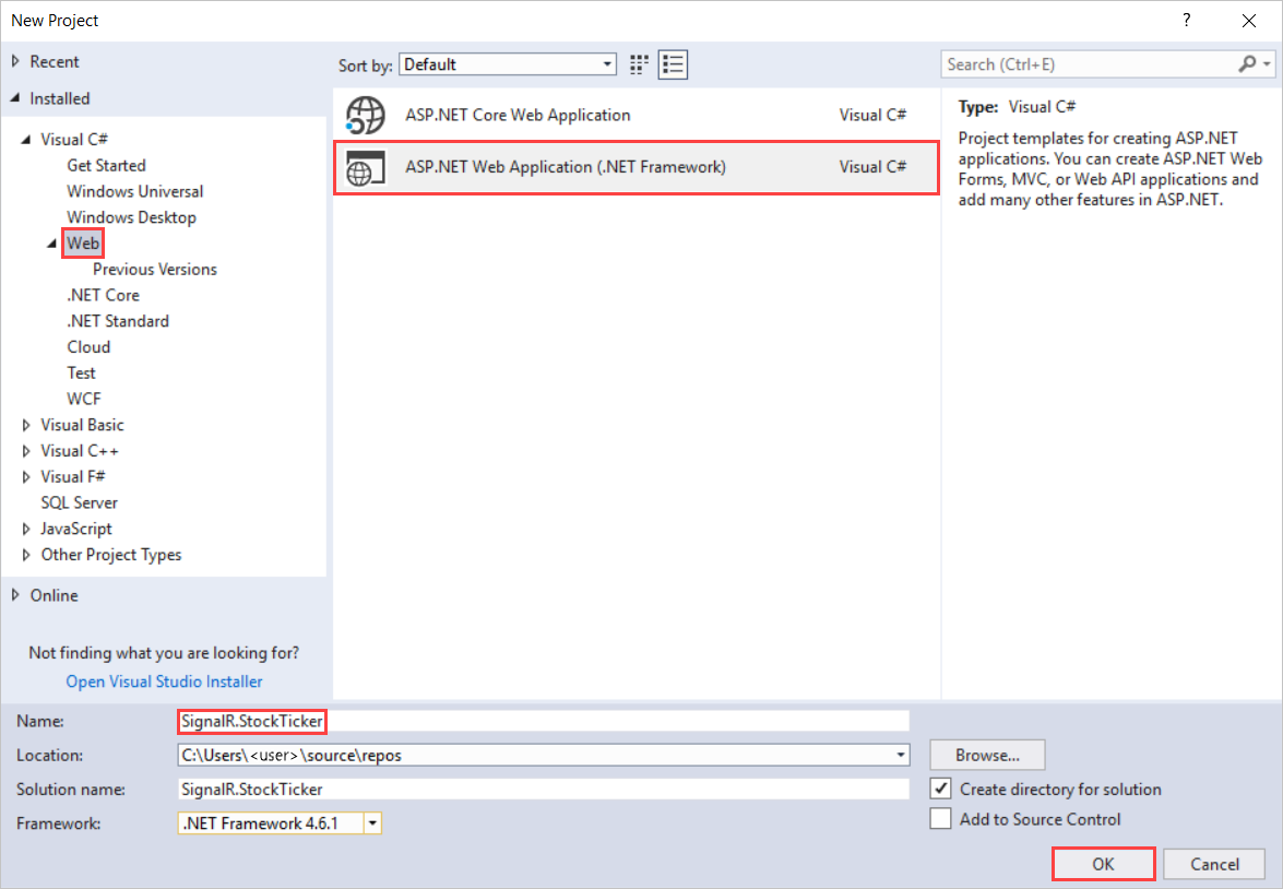 Cuplikan layar memperlihatkan cara membuat Aplikasi Web ASP.NET.