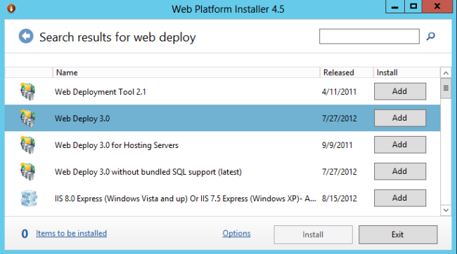 Cuplikan layar Penginstal Platform Web 4 poin 5 yang menampilkan hasil pencarian dengan opsi Web Deploy 3 poin 0 disorot.