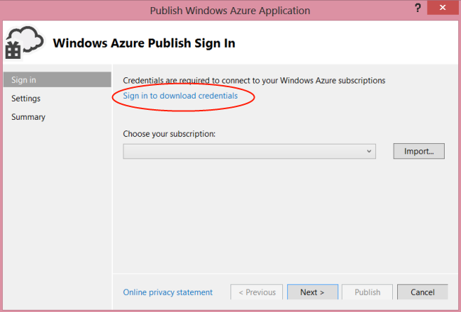 Cuplikan layar tab Terbitkan Masuk Aplikasi Windows Azure dengan tautan Masuk untuk mengunduh kredensial yang disorot.