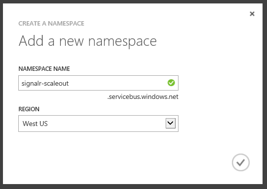 Cuplikan layar Tambahkan namespace baru dengan entri yang dimasukkan di bidang Nama Namespace dan Wilayah.