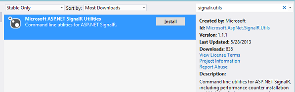 Cuplikan layar yang memperlihatkan utilitas baris Perintah Microsoft A S P dot NET Signal R utilities untuk A S P dot NET Signal R disorot.