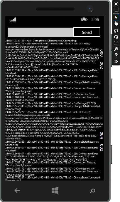 Cuplikan layar yang memperlihatkan sampel Windows Phone dengan output di tampilan.