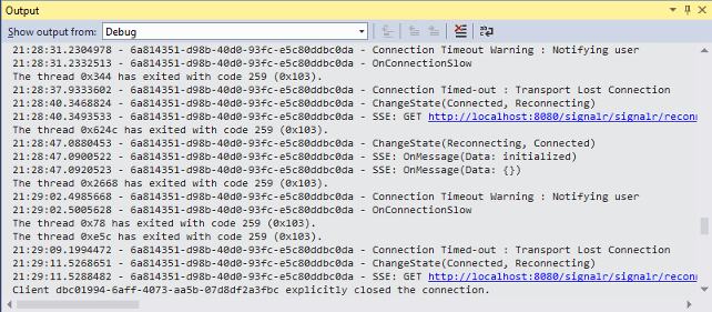 Cuplikan layar yang memperlihatkan kotak dialog Output. Debug ada di bidang Tampilkan output dari.