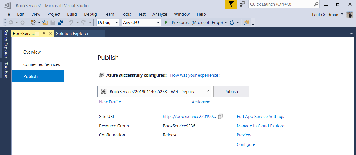 Cuplikan layar jendela Terbitkan memperlihatkan profil, detail profil, dan opsi manajemen yang baru dibuat.