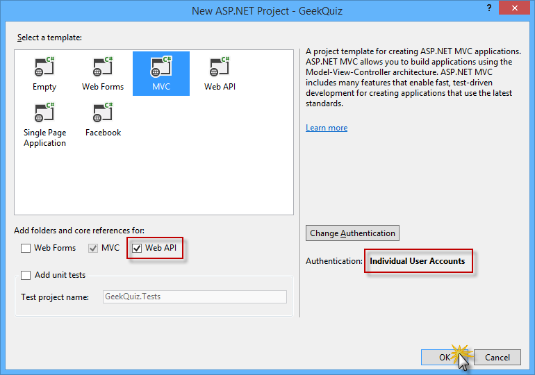 Membuat proyek baru dengan templat MVC, termasuk komponen WEB API