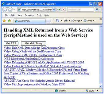 Output yang dibuat dari memanggil Layanan Web yang mengembalikan data RSS.