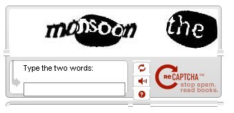 Cuplikan layar pengujian Captcha yang dihasilkan oleh layanan ReCaptcha, memperlihatkan dua kata yang terdistorsi dan bidang teks untuk verifikasi pengguna.