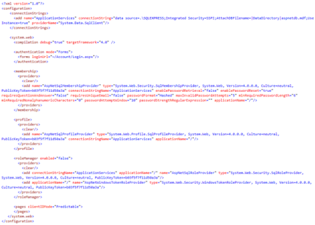 Cuplikan layar lingkungan pengeditan Visual Studio memperlihatkan contoh file konfigurasi dari proyek aplikasi web.