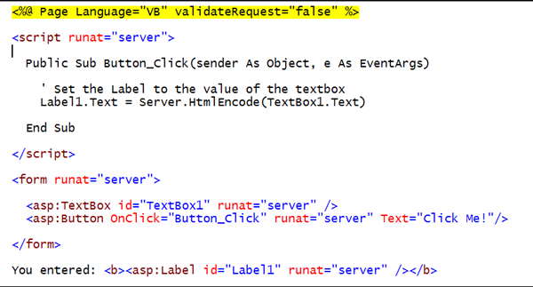 Cuplikan layar yang memperlihatkan konten dapat dengan mudah dikodekan HTML di server menggunakan API Server.HtmlEncode(string). Konten juga dapat dengan mudah didekodekan HTML, yaitu, dikembalikan ke HTML standar menggunakan metode Server.HtmlDecode(string).