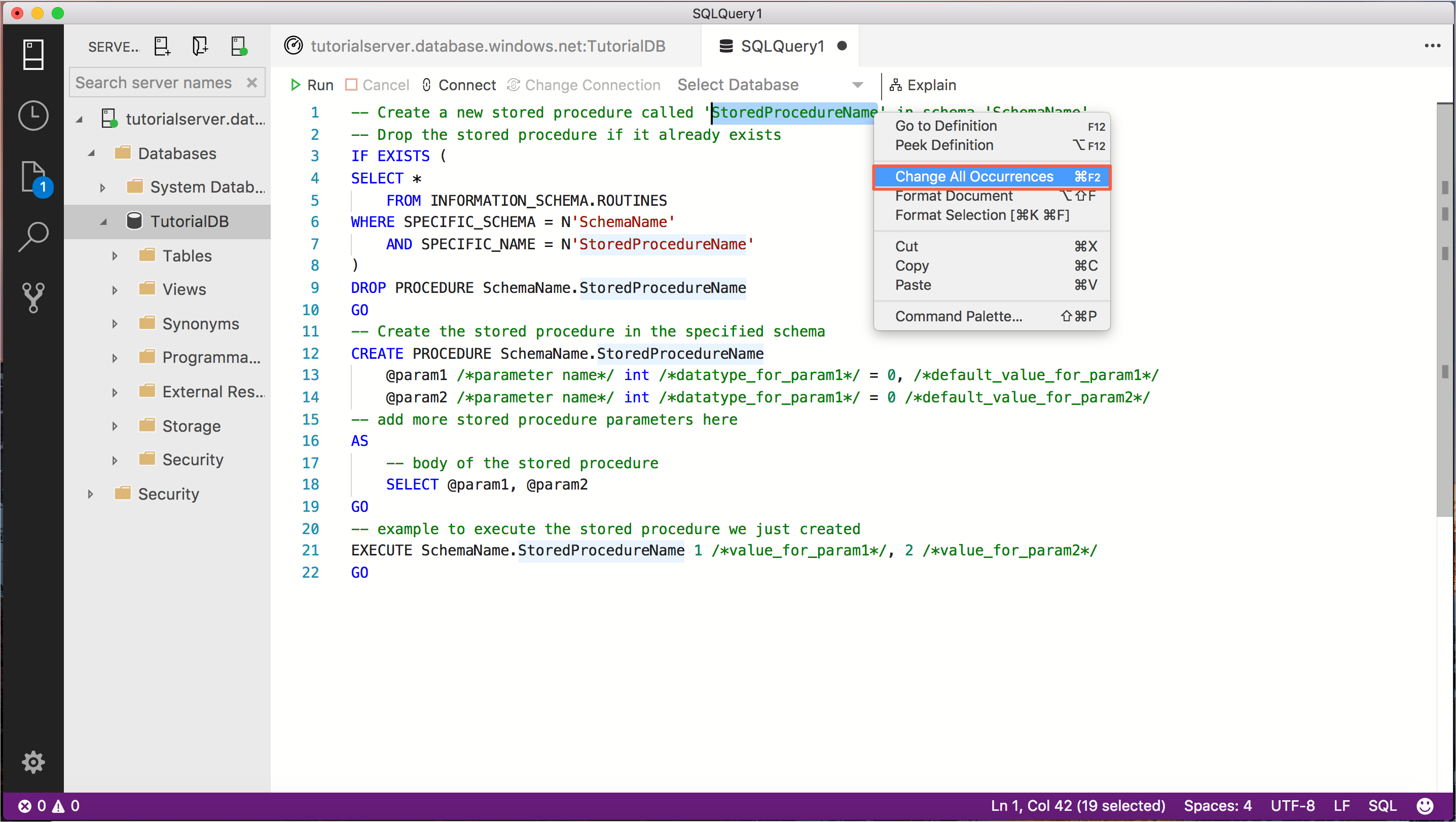 Cuplikan layar memperlihatkan Editor Kueri dengan opsi Ubah Semua Kemunculan yang dipanggil.